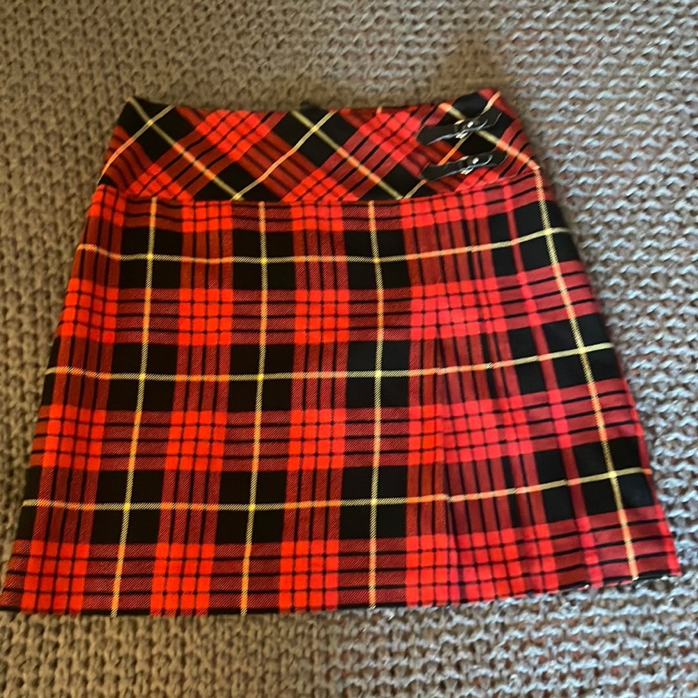 Red plaid mini skirt with double buckle detail